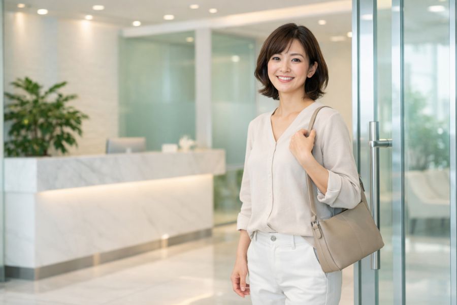 フェイスリフト施術の流れを確認するためクリニックを訪れた女性