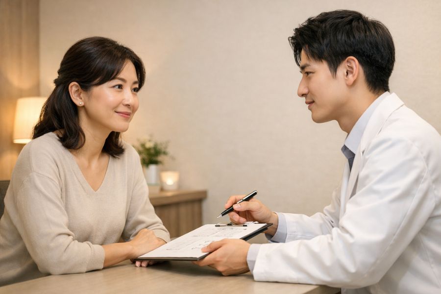 リフトアップ施術のリスクと注意点について医師に相談する女性