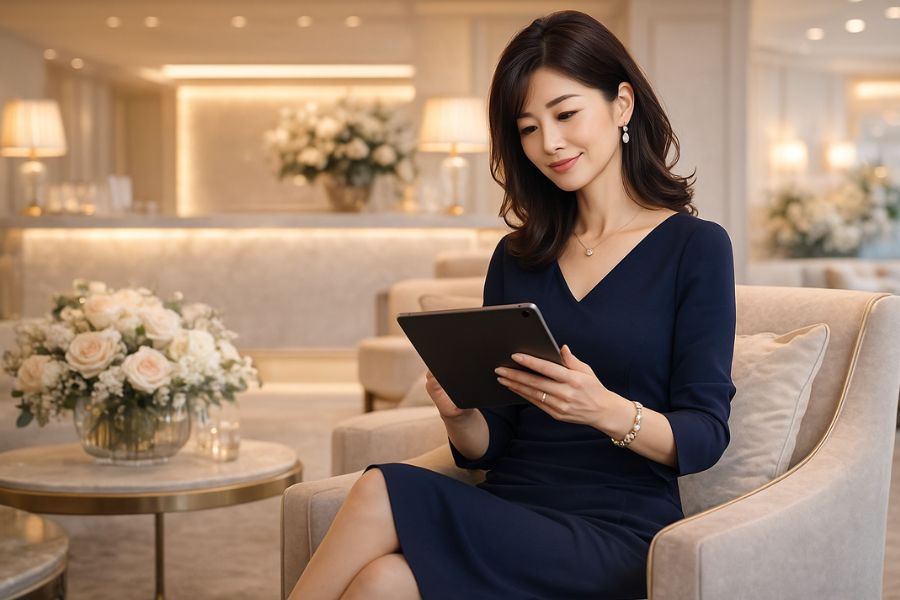 切開リフトの情報を確認する40代後半の女性