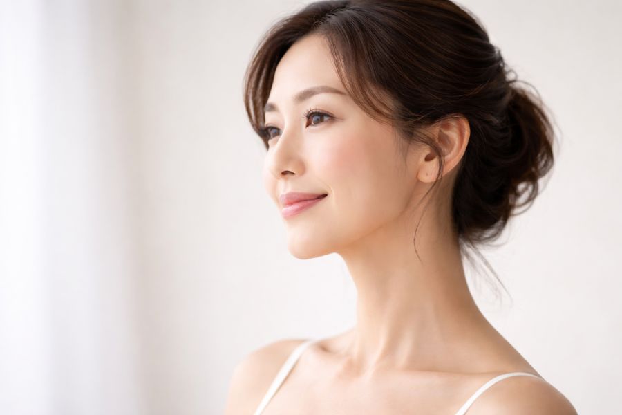 切開リフトの施術範囲となるフェイスラインと頬を見せる女性の横顔