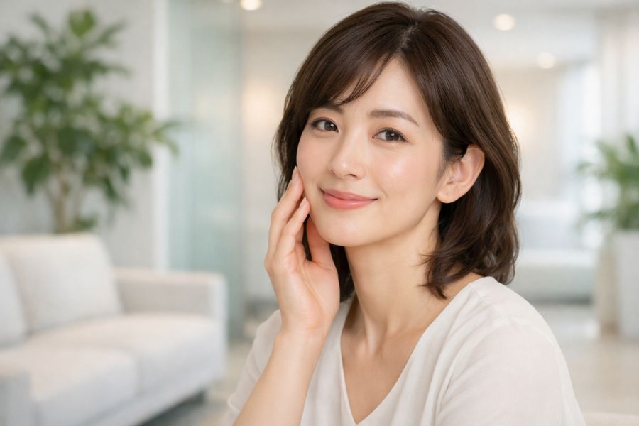 顔のたるみの原因となる皮膚構造を確認する女性