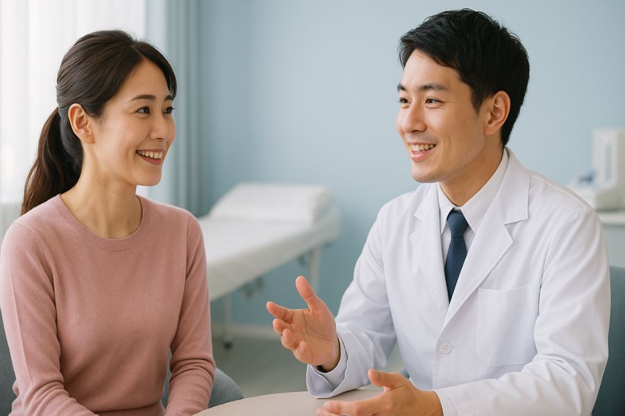 男性医師と笑顔で相談する30代女性|クマ取りクリニック選びのカウンセリング風景