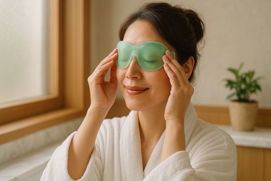 クマ取り施術後のダウンタイム中に自宅で目元を冷やすセルフケアを行う30代女性