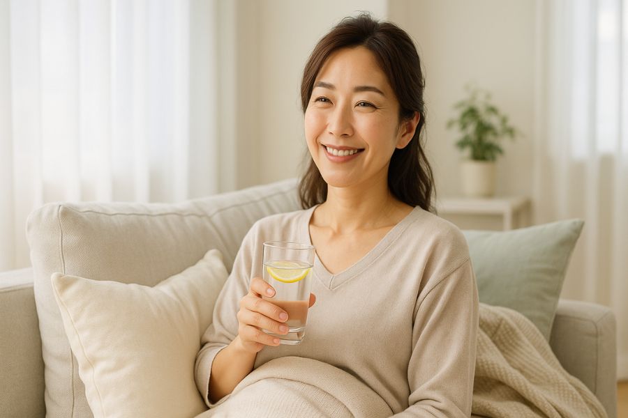 クマ取り後のダウンタイムを短縮するため自宅で頭を高くして安静に過ごす30代女性