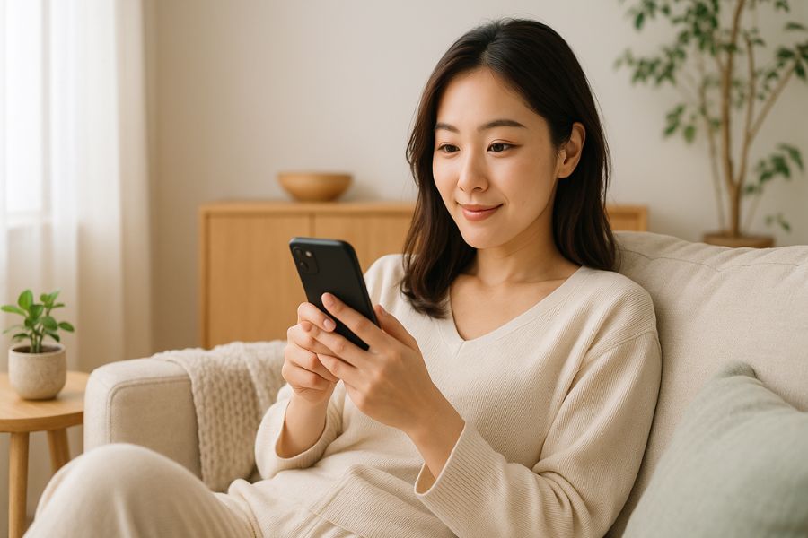 自宅のソファでスマートフォンを見る30代女性|クマ取り治療のよくある質問を調べるイメージ