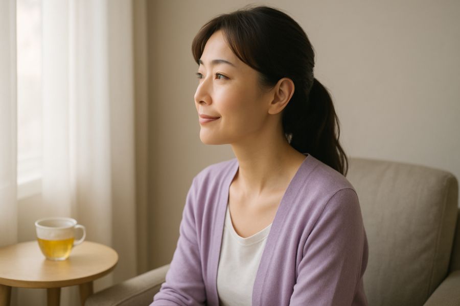 窓辺で穏やかに考える30代女性|クマ取りで後悔しないための振り返りイメージ