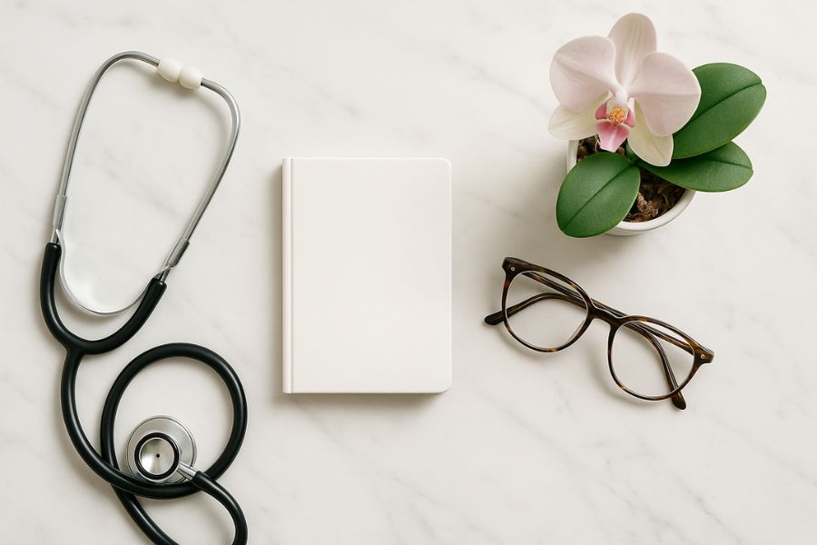 清潔な医療イメージの聴診器とノート|クマ取り治療のリスク・副作用説明イメージ