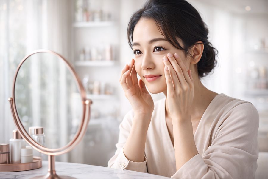 鏡を見ながら目の下を優しく触れる30代日本人女性｜クマ取り治療を検討するイメージ