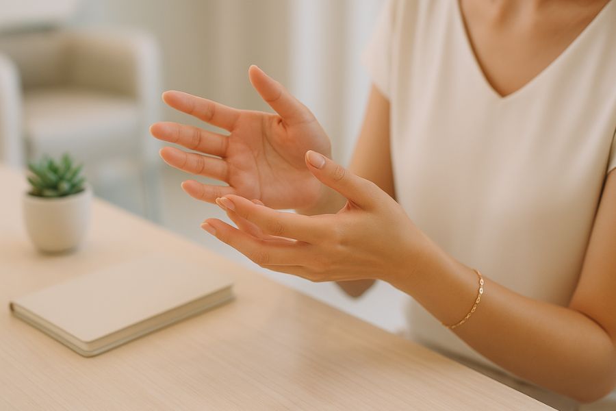 重要なポイントを説明する女性の手元|クマ取りの失敗例と原因を解説するイメージ