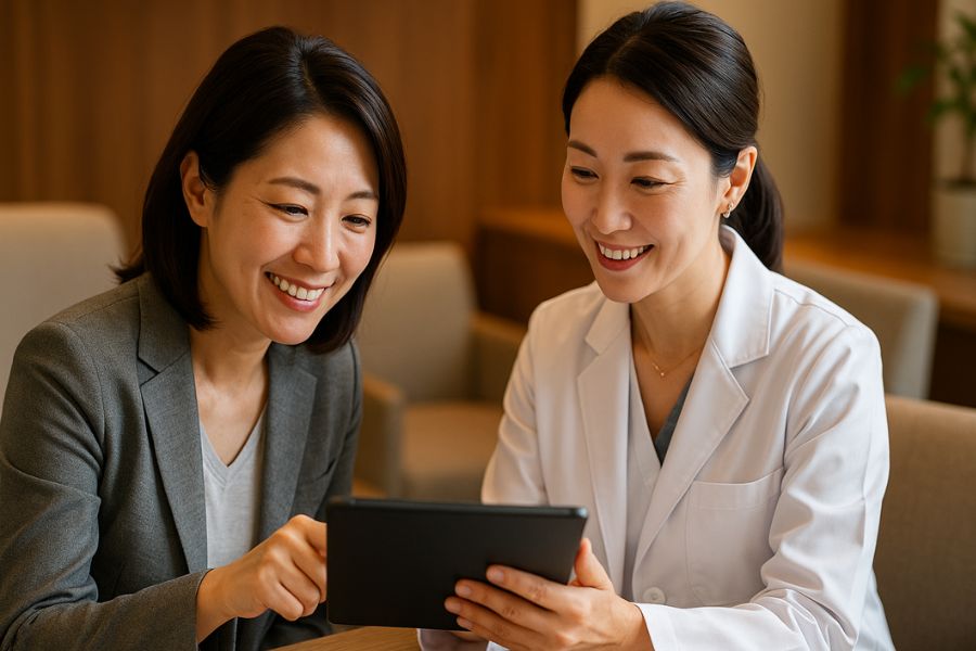 女性医師とタブレットを見ながら相談する女性|クマ取り修正治療の対処法イメージ