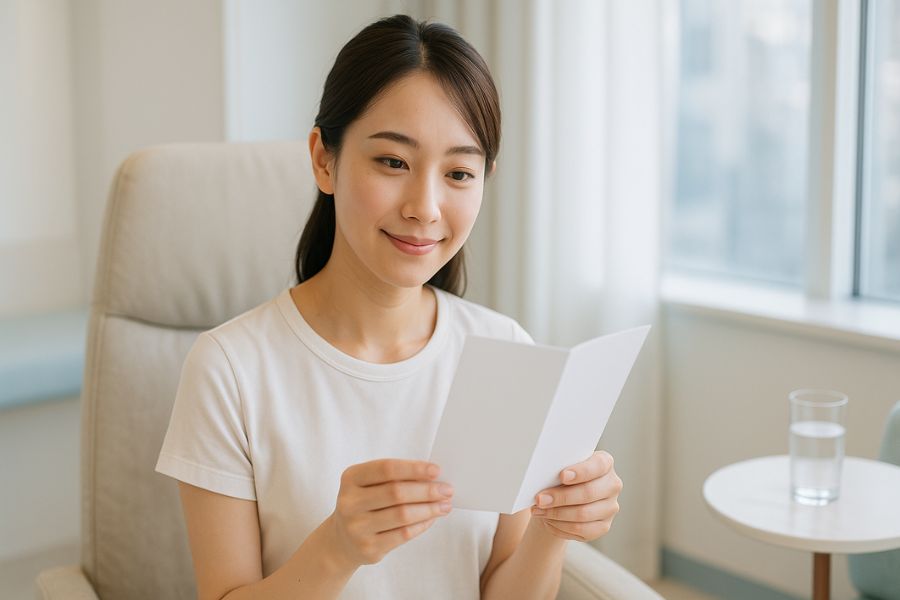 美容クリニックの相談室で資料を見る20代女性|クマ取り治療の基礎知識を学ぶイメージ