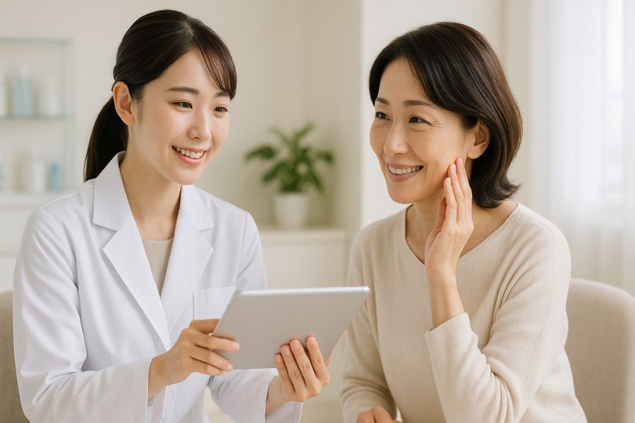 クマ取り治療について女性医師からカウンセリングを受ける40代女性患者が笑顔で説明を聞いている様子