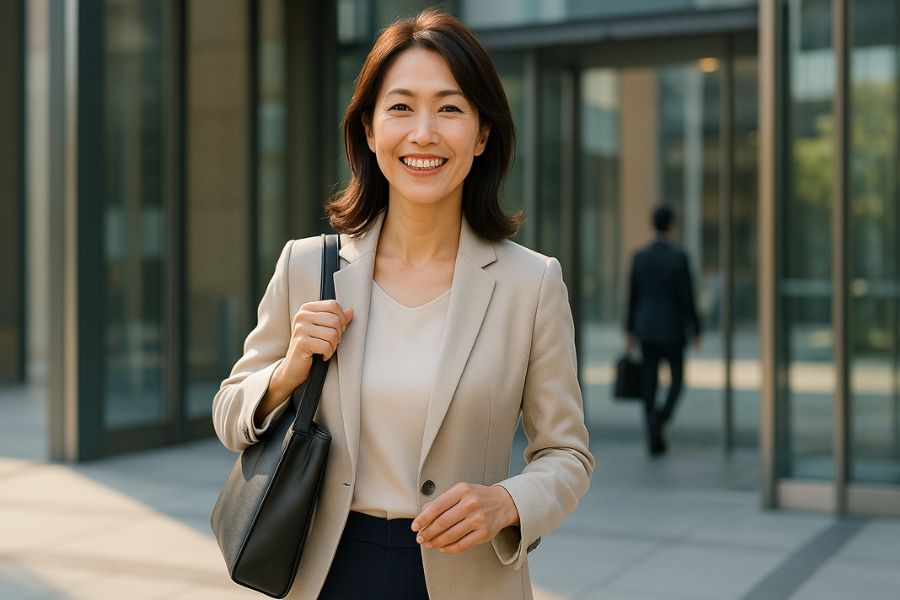 クマ取りのダウンタイムを終えて仕事に復帰し出勤する40代ビジネスウーマンの自信に満ちた姿