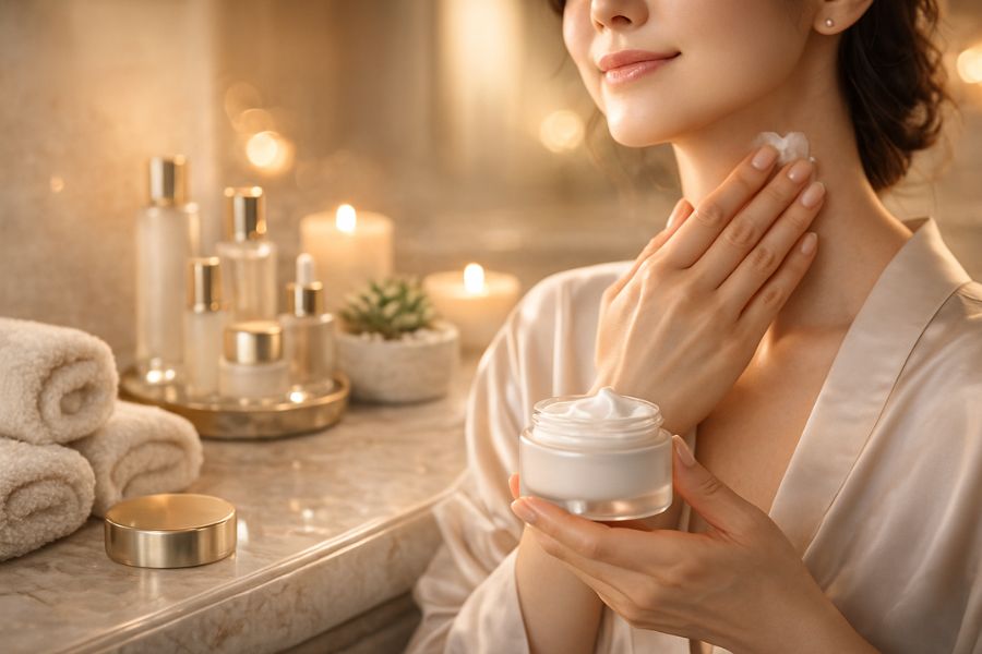 糸リフト後のアフターケアでスキンケアを行う女性の手元