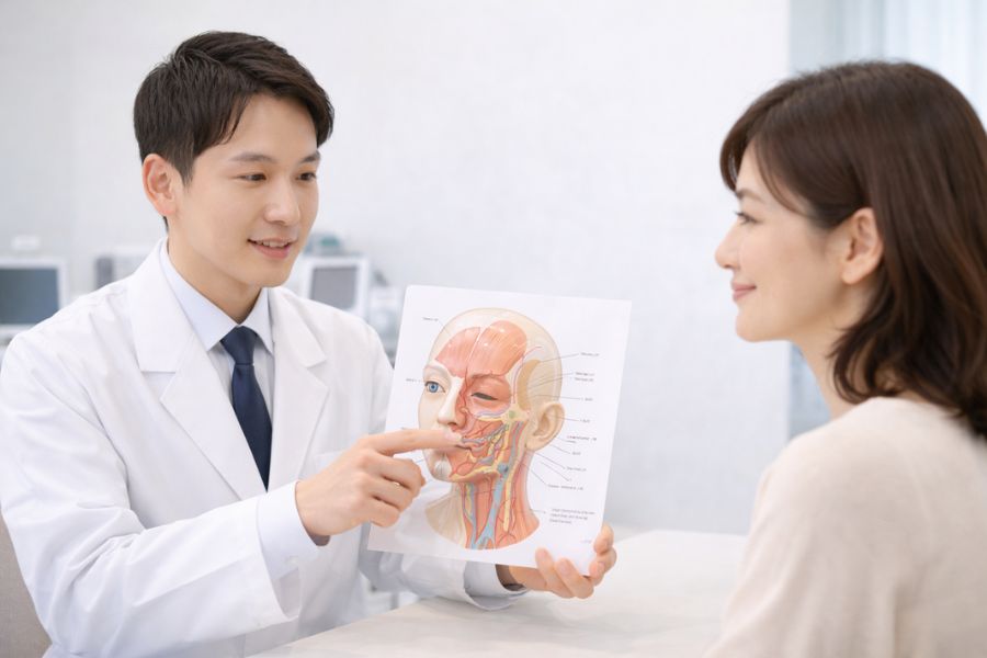 糸リフトの効果が持続しない理由を医師から聞く女性