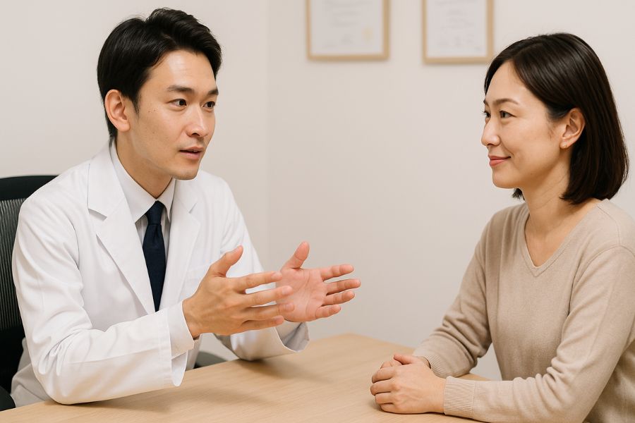 糸リフト施術の仕組みについてカウンセリングを受ける女性