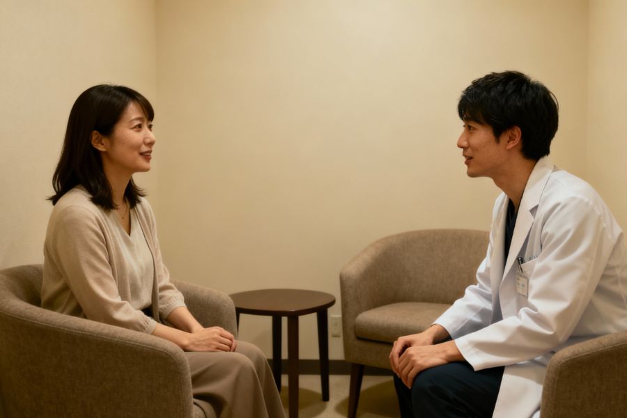 糸リフトの禁忌事項について医師に確認する女性