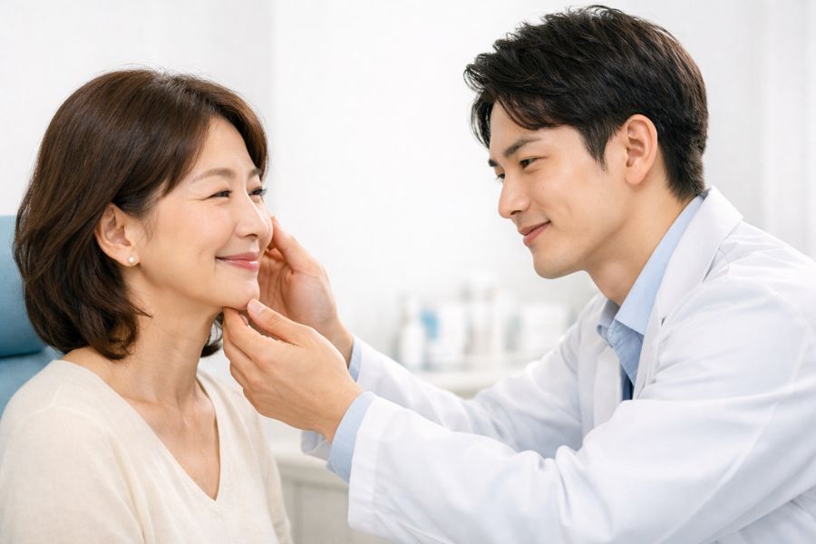 糸リフトの修正について医師の診察を受ける女性