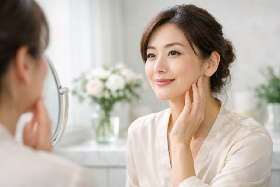 糸リフトの効果が戻った原因と解決策を検討する40代女性