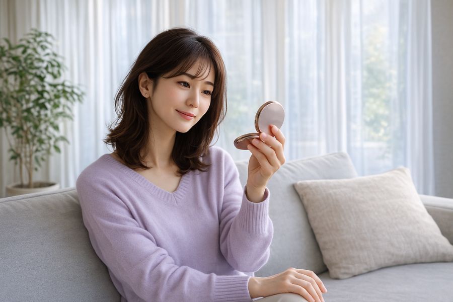 糸リフト後の効果を鏡で確認する30代後半の女性