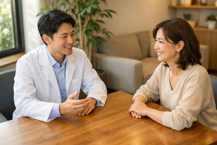 糸リフトや切開リフトの治療選択について医師とカウンセリングする女性