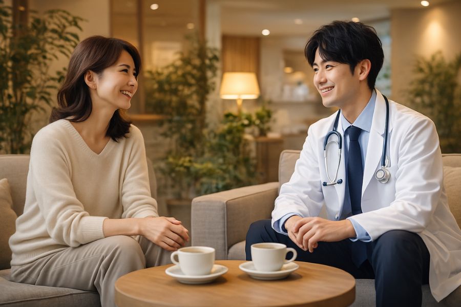 糸リフトと切開リフトについて医師に質問する女性