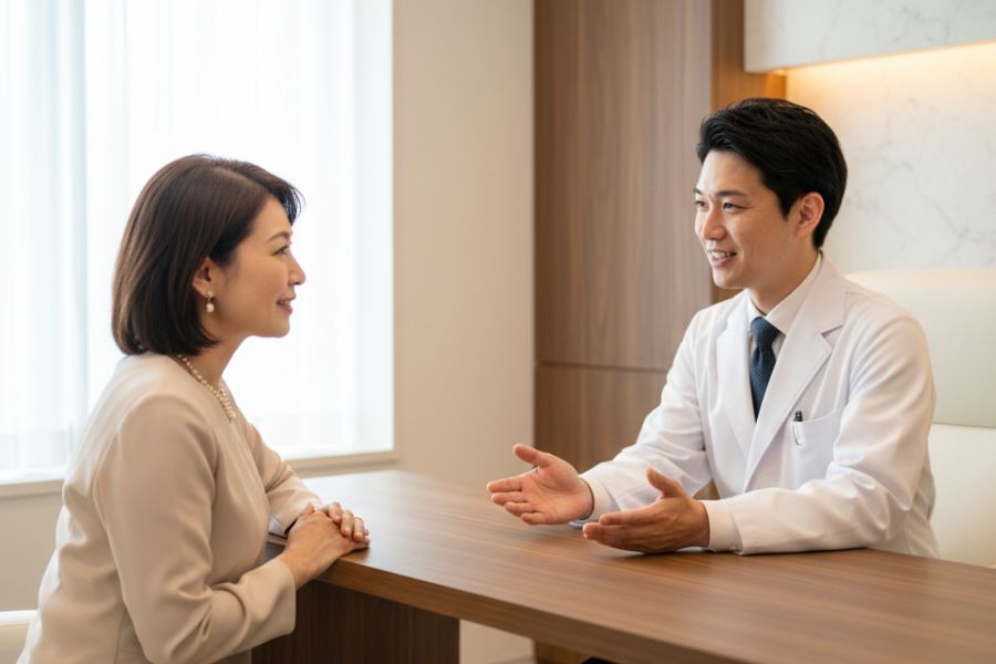 糸リフトと切開リフトについて院長に質問する女性