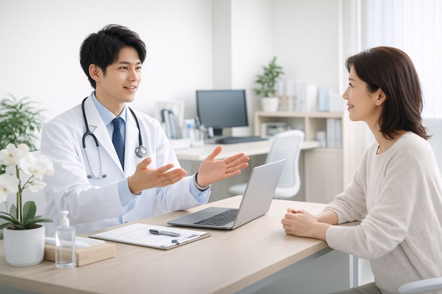 糸リフトの限界について医師から解剖学的な説明を受ける女性患者