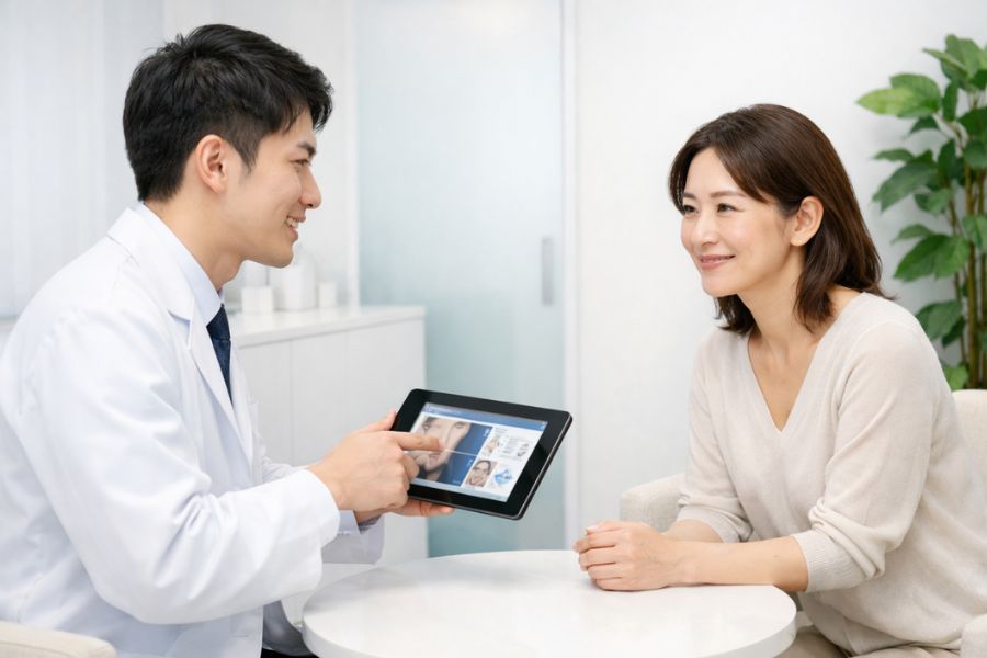 糸リフトの仕組みを医師から説明を受ける女性患者