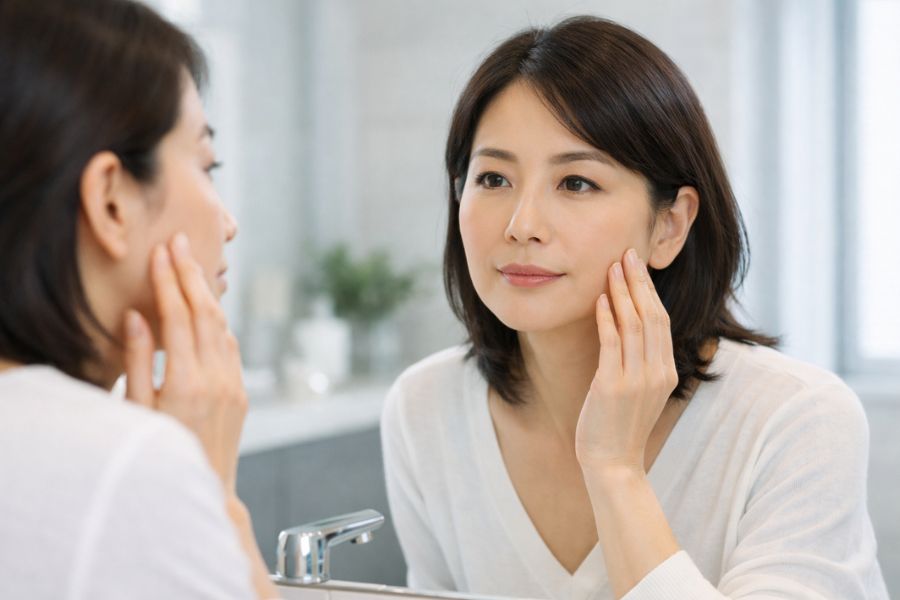 糸リフトの効果がない原因を確認するため鏡でフェイスラインをチェックする女性