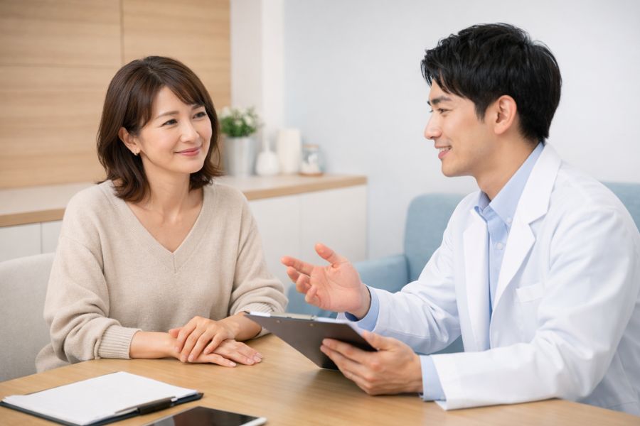 糸リフトの仕組みについて医師から説明を受ける女性