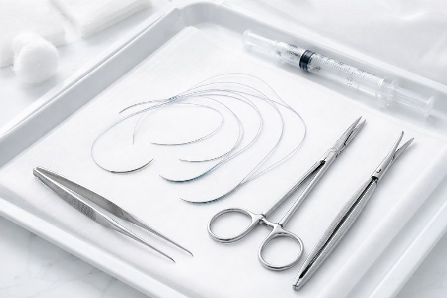 糸リフト施術で使用される医療用の吸収性糸と器具のイメージ