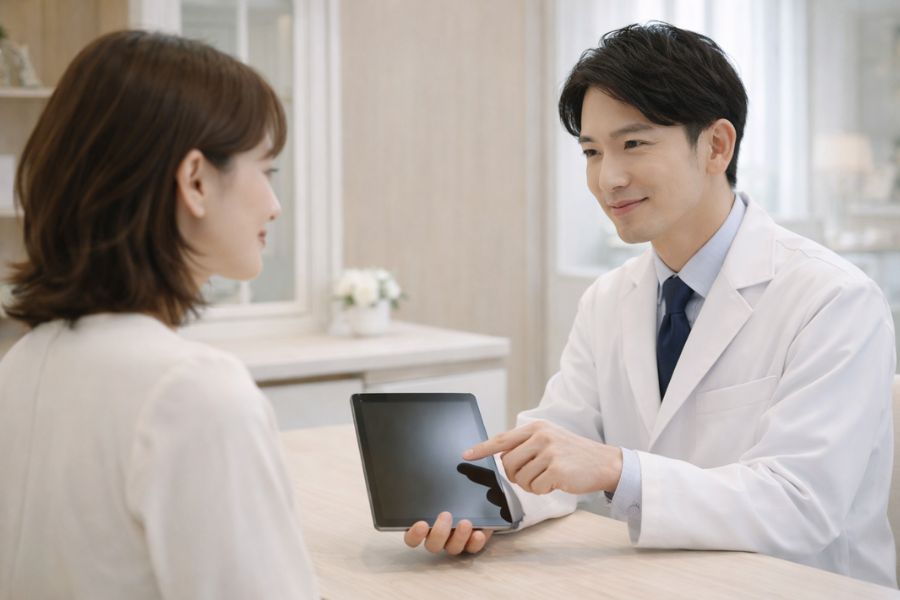 糸リフトの効果が持続しにくい解剖学的な理由を医師が説明している様子