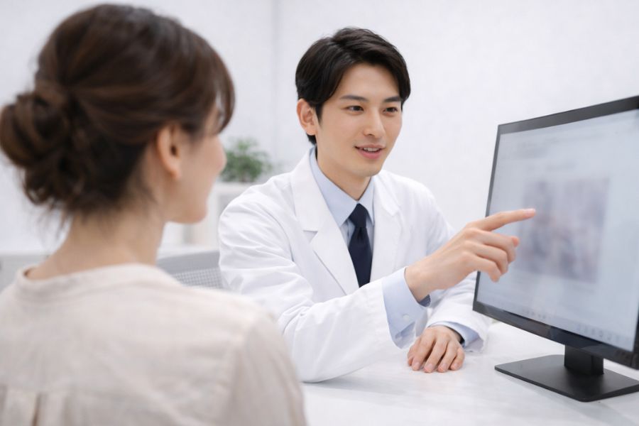 糸リフト後に切開リフトを医師と相談する女性患者