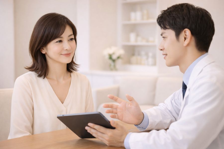 糸リフトと切開リフトの違いについて医師から説明を受ける女性