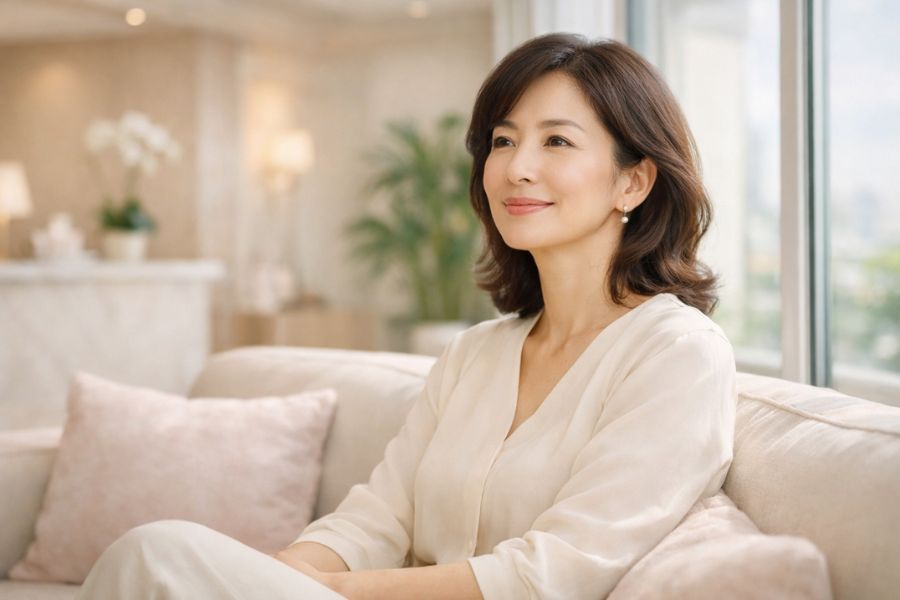 クリニックラウンジで窓辺に座り微笑む50代女性