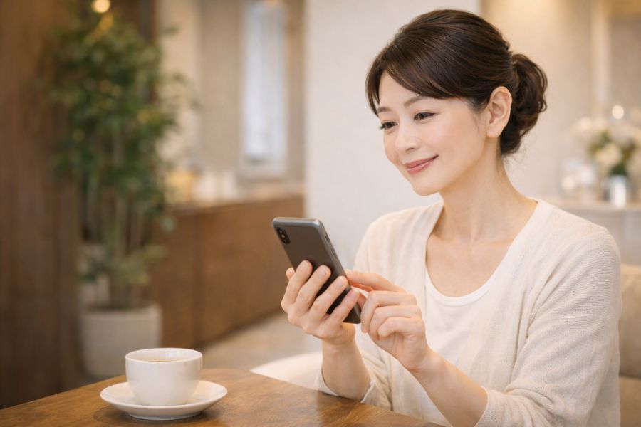 カフェでスマートフォンを見る40代女性