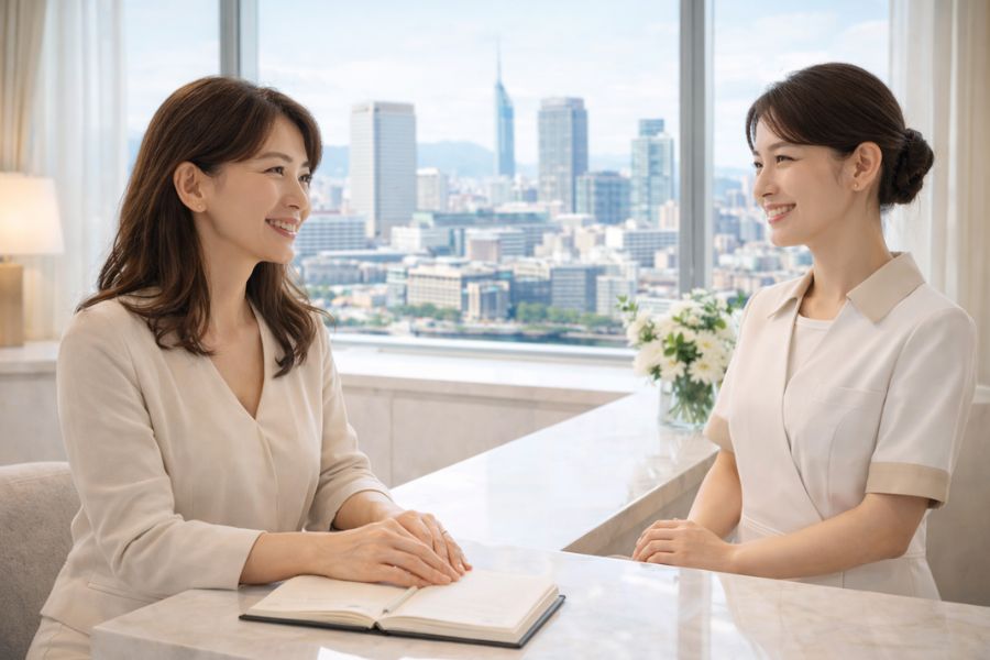 受付でスタッフと会話する女性患者