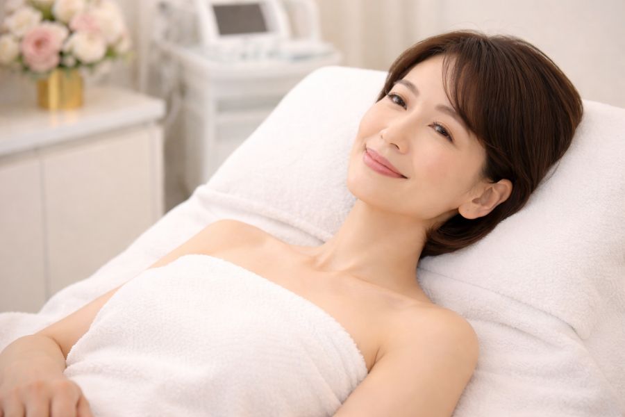 トリートメントベッドでリラックスする女性