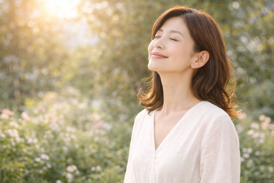 庭園で日差しを浴びる笑顔の女性