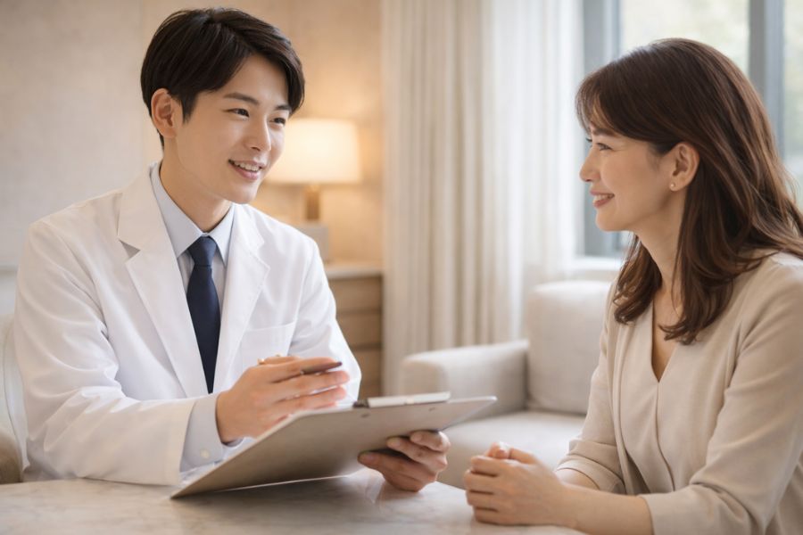 カウンセリングで新しい治療法を説明する医師と患者