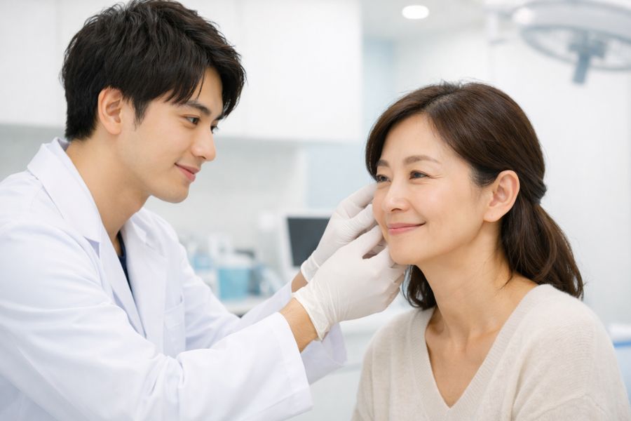 診察室で患者の耳周りを確認する医師