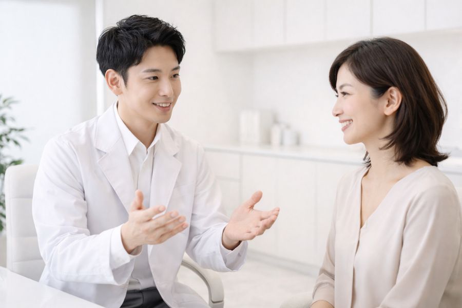 診察室で患者に説明する男性医師と30代女性