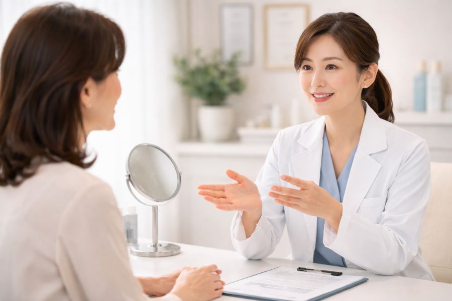 女性医師と患者がカウンセリングで話し合う様子