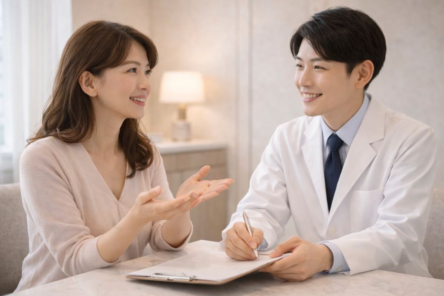 カウンセリングルームで医師と会話する30代女性