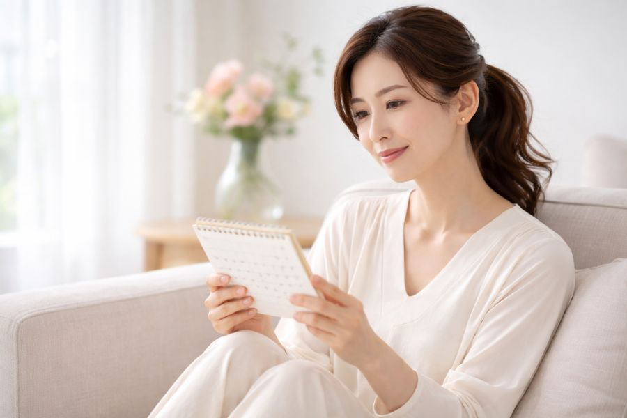 カレンダーを見ながらスケジュールを確認する女性