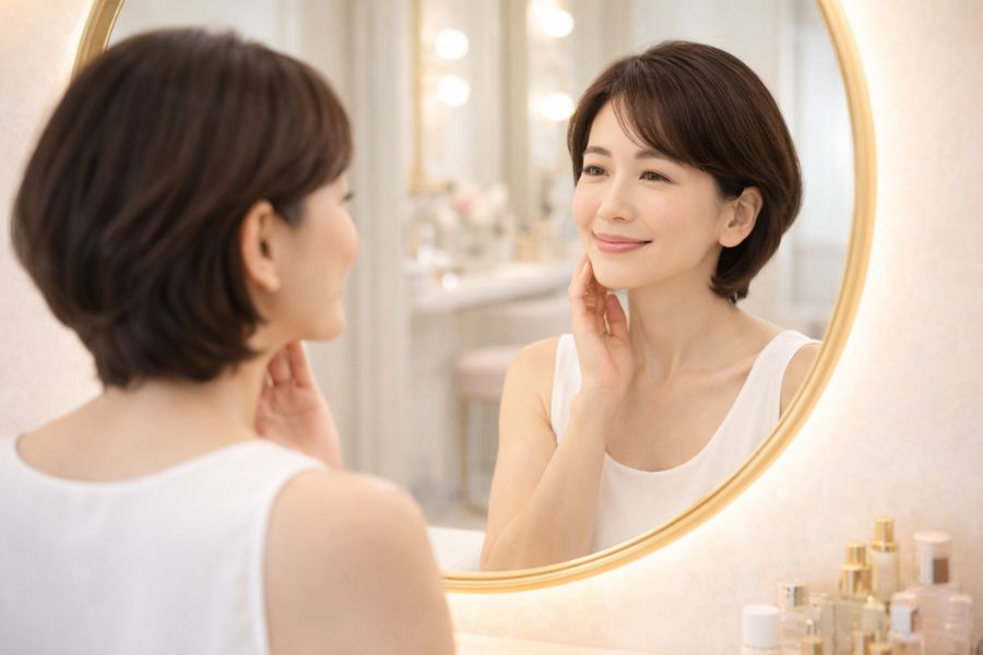 パウダールームの鏡を見て微笑む50代女性