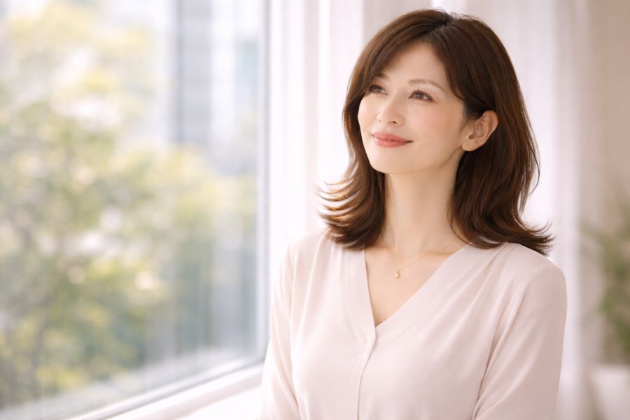 窓辺で自然光を浴びながら微笑む40代後半の日本人女性