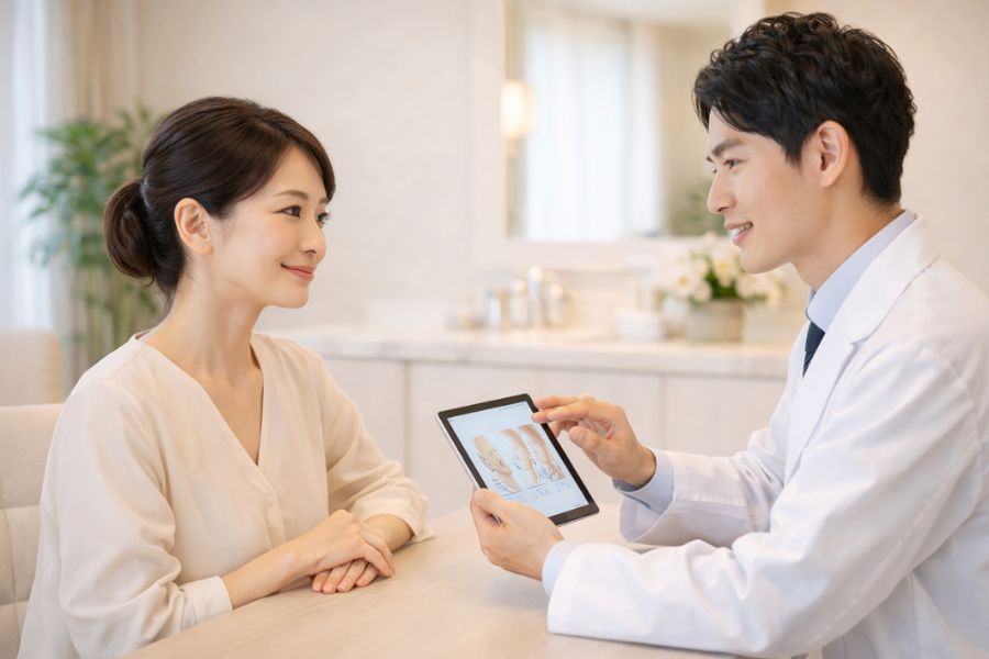 カウンセリングルームでタブレットを使い説明する医師と患者