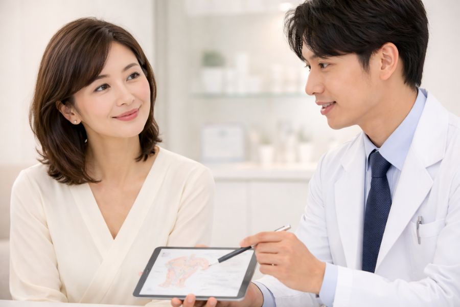 美容クリニックで若い男性医師からタブレットを使った説明を受ける日本人女性